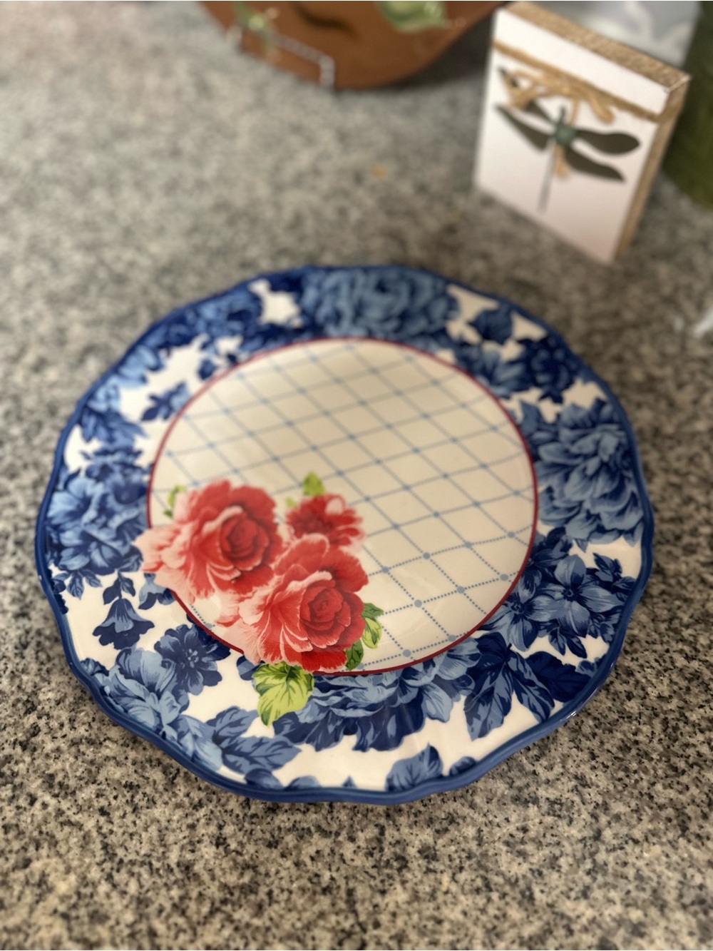 The Pioneer Woman Blue Floral and Red Rose Ceramic Dinner Plate